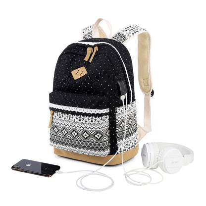 Fengdong 3pcs/set kids ethnic dots canvas backpack school bags for teenage girls pencil book bag set student backpack lunch bag