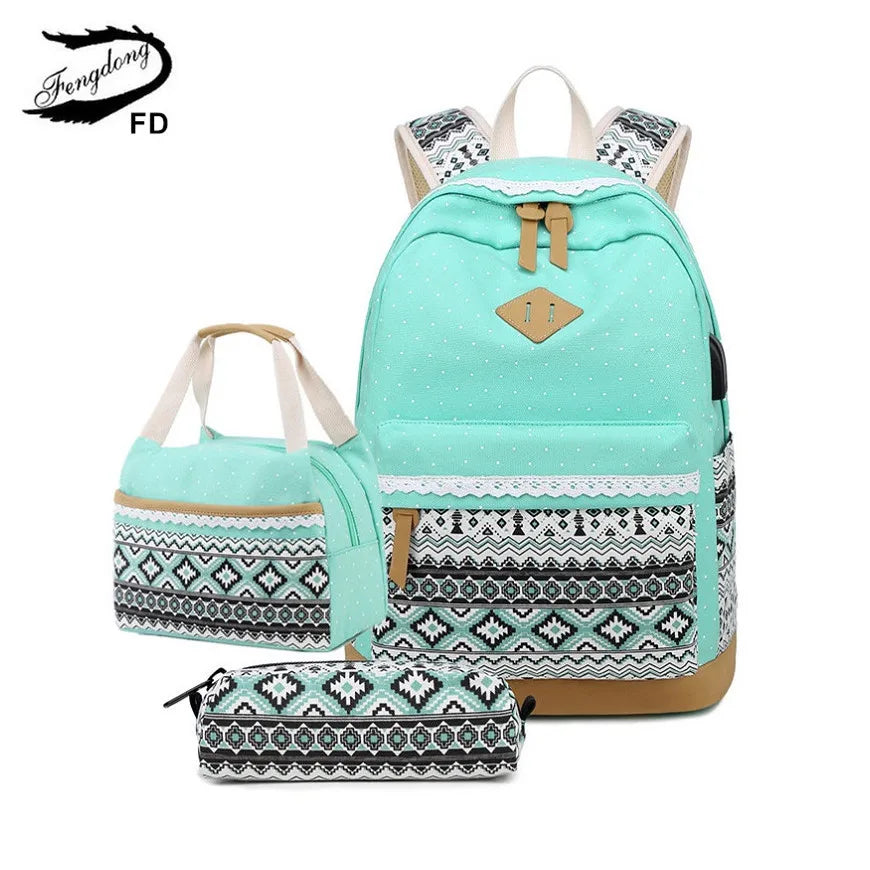 Fengdong 3pcs/set kids ethnic dots canvas backpack school bags for teenage girls pencil book bag set student backpack lunch bag
