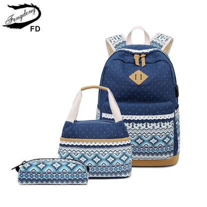 Fengdong 3pcs/set kids ethnic dots canvas backpack school bags for teenage girls pencil book bag set student backpack lunch bag
