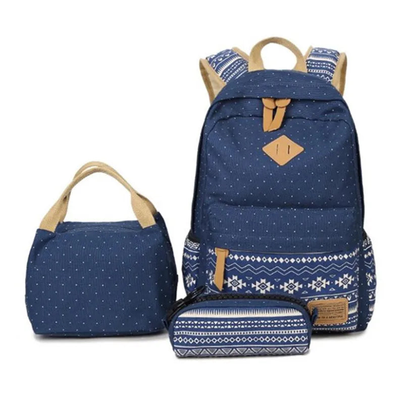 Fengdong 3pcs/set kids vintage school backpack bag set school bags for teenage girls polka dot backpacks for children bookbag