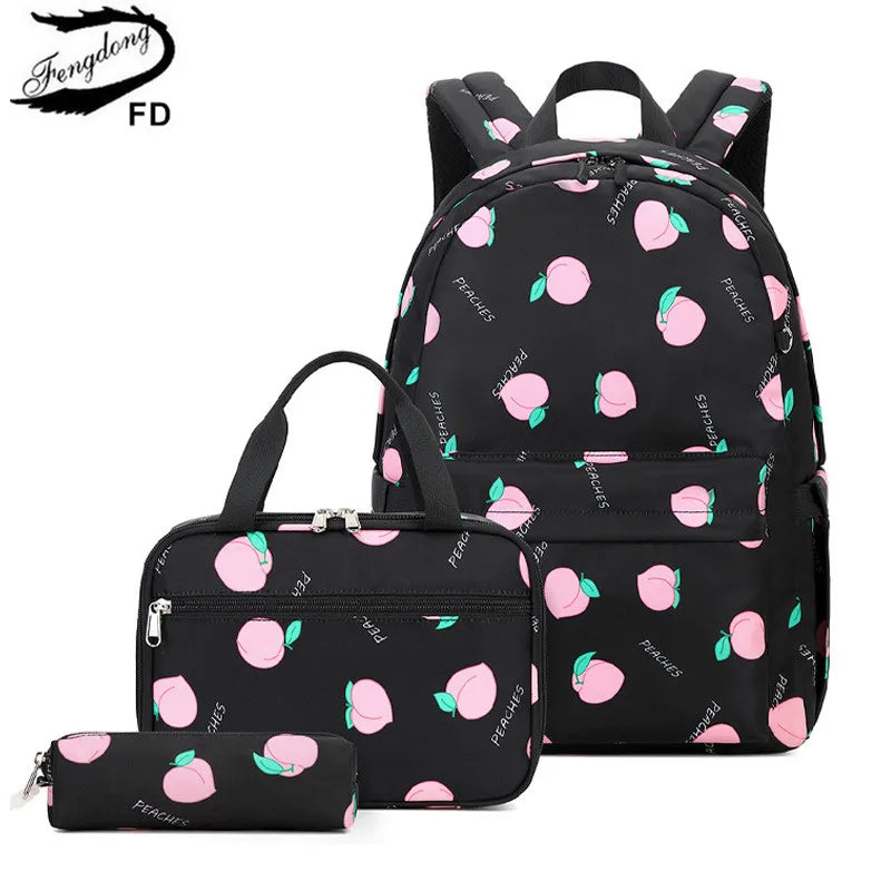 Fengdong 3pcs/set school bags for girls cute black pink peach pencil bag thermal lunch bag set kids backpack School supplies