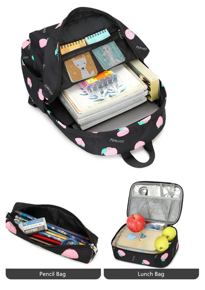 Fengdong 3pcs/set school bags for girls cute black pink peach pencil bag thermal lunch bag set kids backpack School supplies