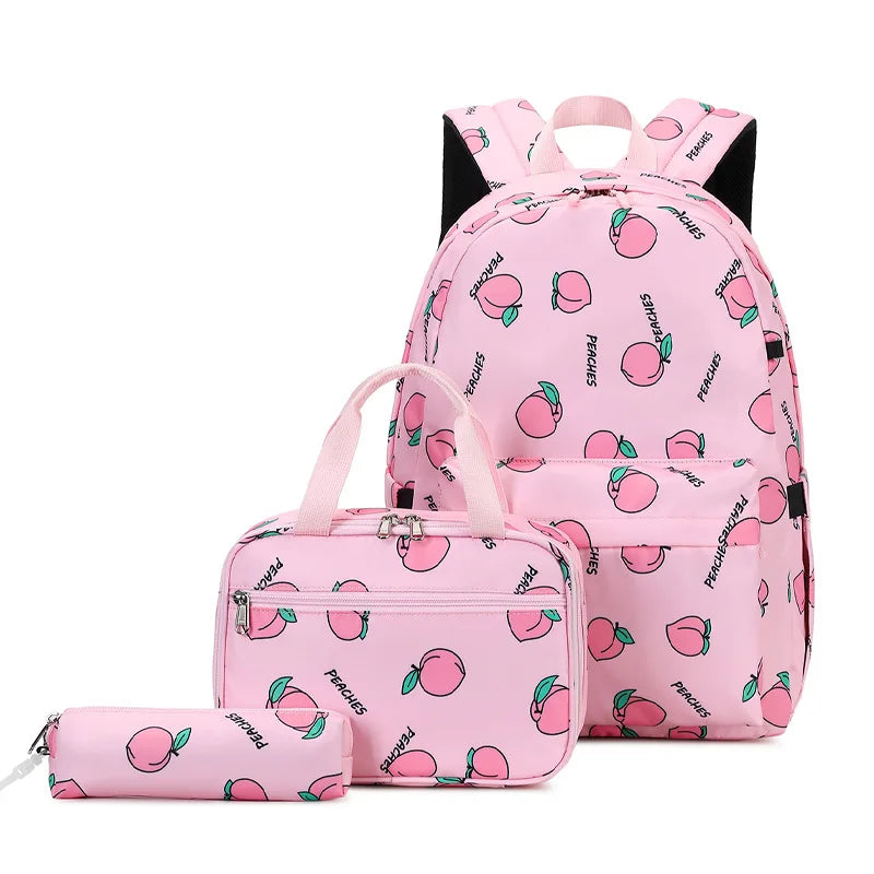 Fengdong 3pcs/set school bags for girls cute black pink peach pencil bag thermal lunch bag set kids backpack School supplies