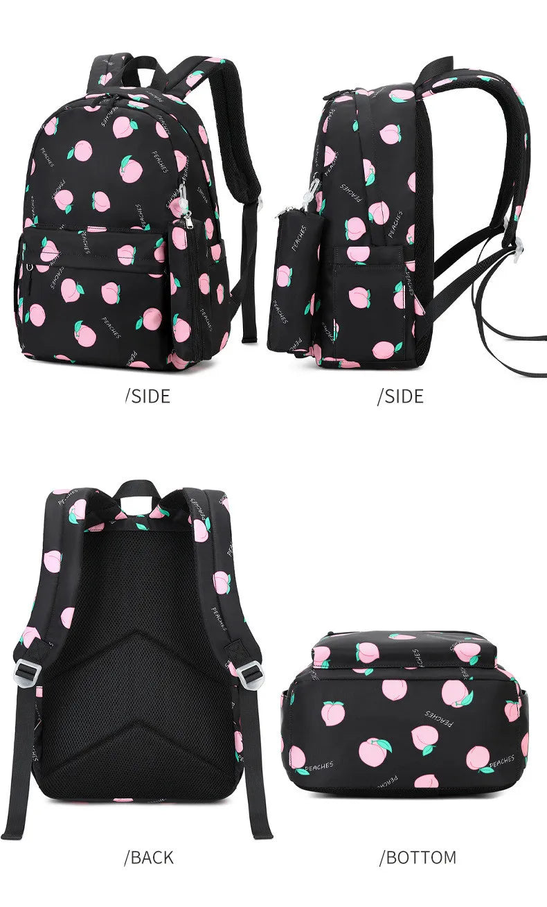 Fengdong 3pcs/set school bags for girls cute black pink peach pencil bag thermal lunch bag set kids backpack School supplies