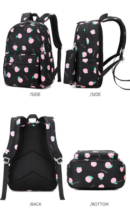 Fengdong 3pcs/set school bags for girls cute black pink peach pencil bag thermal lunch bag set kids backpack School supplies