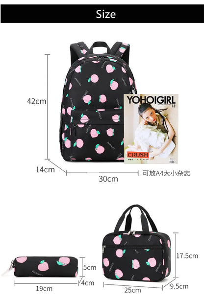 Fengdong 3pcs/set school bags for girls cute black pink peach pencil bag thermal lunch bag set kids backpack School supplies