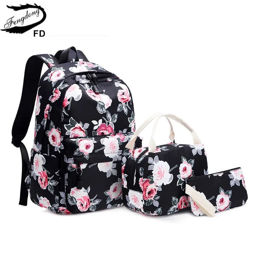 Fengdong 3pcs/set school bags for teenage girls rose flower lunch food bag pencil bag school backpack set kids floral book bag