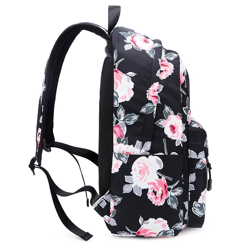 Fengdong 3pcs/set school bags for teenage girls rose flower lunch food bag pencil bag school backpack set kids floral book bag