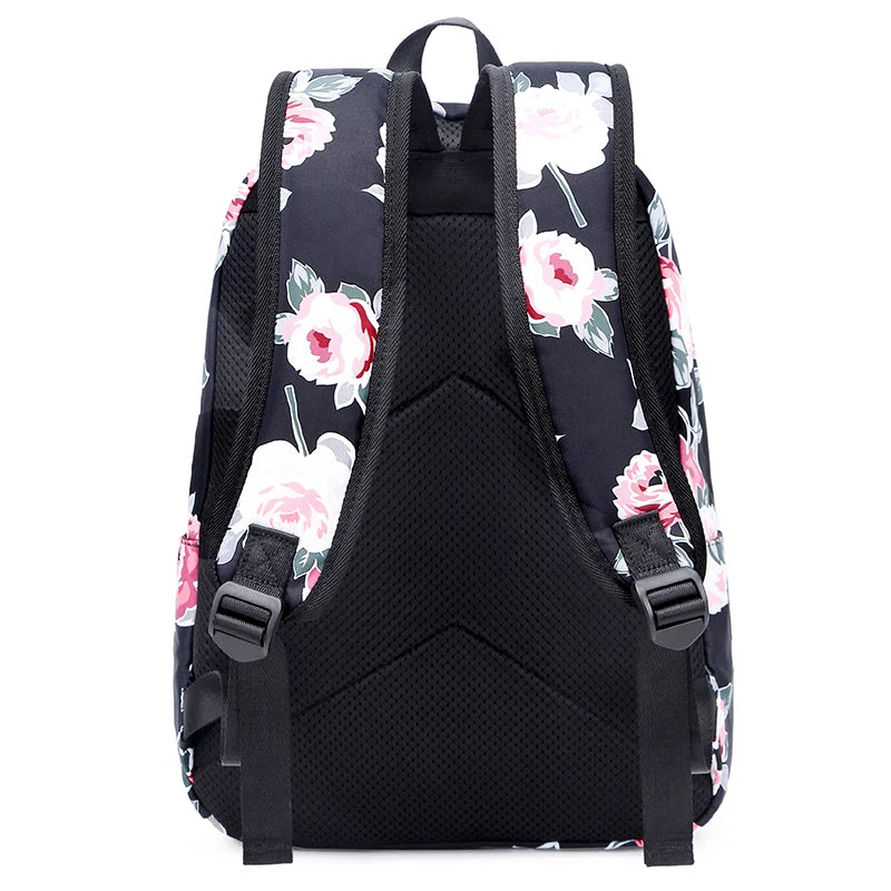Fengdong 3pcs/set school bags for teenage girls rose flower lunch food bag pencil bag school backpack set kids floral book bag