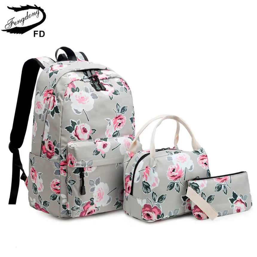 Fengdong 3pcs/set school bags for teenage girls rose flower lunch food bag pencil bag school backpack set kids floral book bag