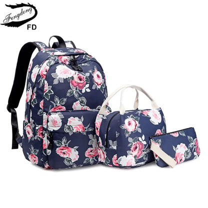 Fengdong 3pcs/set school bags for teenage girls rose flower lunch food bag pencil bag school backpack set kids floral book bag