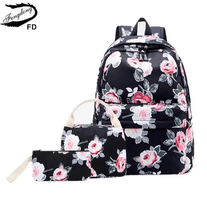 Fengdong 3pcs/set school bags for teenage girls rose flower lunch food bag pencil bag school backpack set kids floral book bag