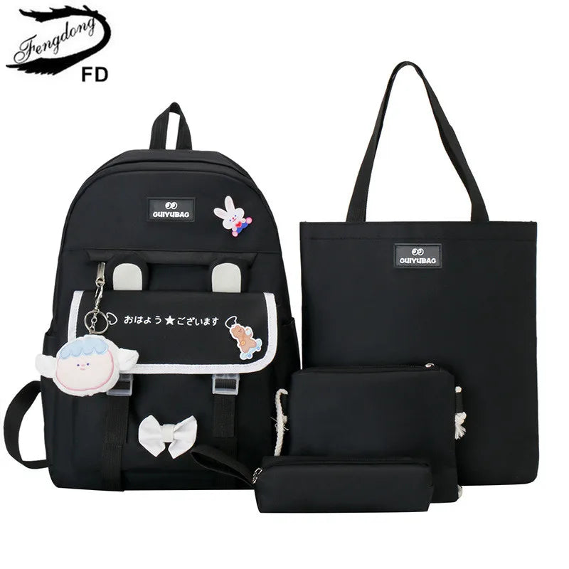 Fengdong 4pcs/set elementary school backpack for girls cute Kids backpack handbag Korean style cartoon rabbit girls school bags