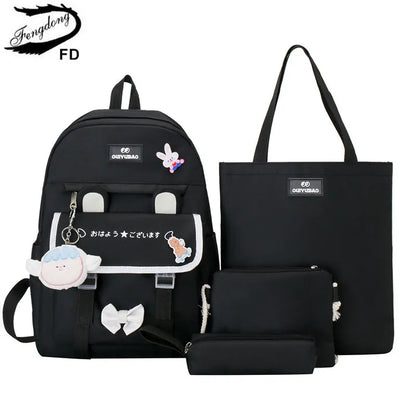 Fengdong 4pcs/set elementary school backpack for girls cute Kids backpack handbag Korean style cartoon rabbit girls school bags