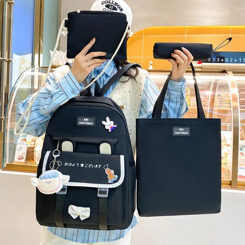 Fengdong 4pcs/set elementary school backpack for girls cute Kids backpack handbag Korean style cartoon rabbit girls school bags