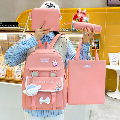 Fengdong 4pcs/set elementary school backpack for girls cute Kids backpack handbag Korean style cartoon rabbit girls school bags