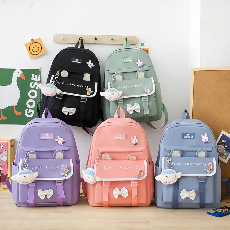 Fengdong 4pcs/set elementary school backpack for girls cute Kids backpack handbag Korean style cartoon rabbit girls school bags