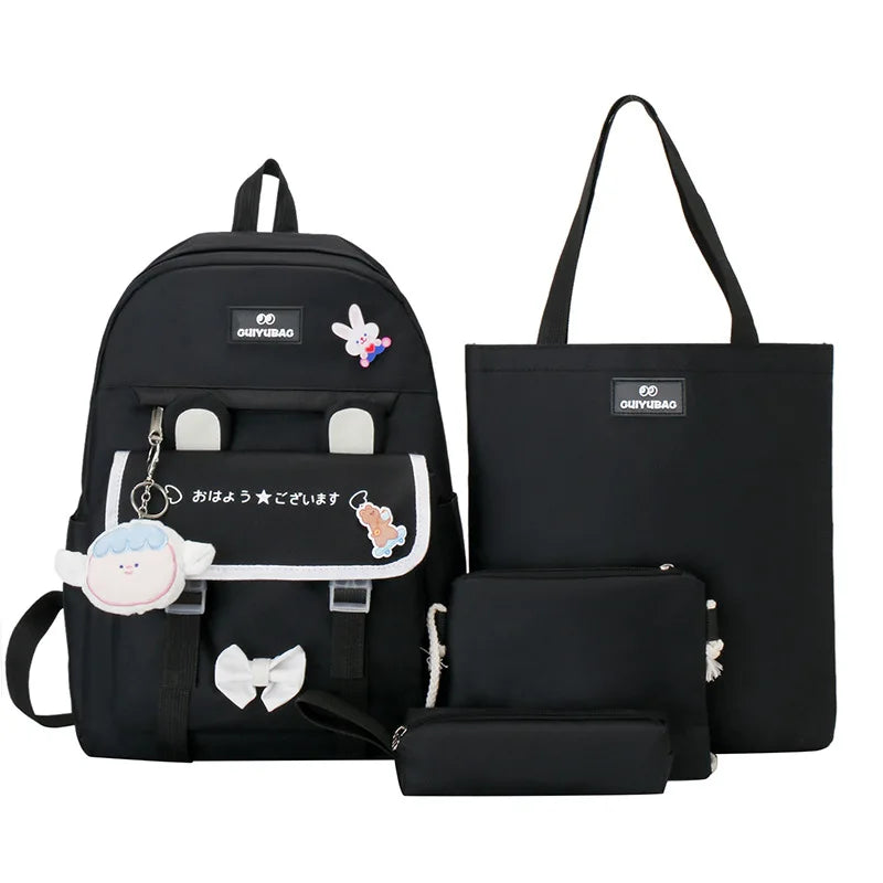 Fengdong 4pcs/set elementary school backpack for girls cute Kids backpack handbag Korean style cartoon rabbit girls school bags