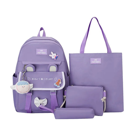 Fengdong 4pcs/set elementary school backpack for girls cute Kids backpack handbag Korean style cartoon rabbit girls school bags