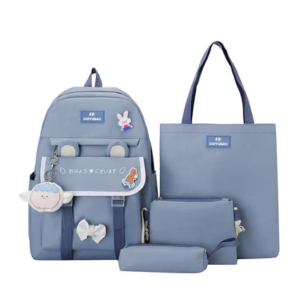 Fengdong 4pcs/set elementary school backpack for girls cute Kids backpack handbag Korean style cartoon rabbit girls school bags