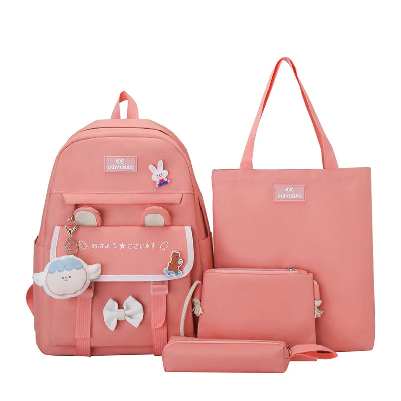 Fengdong 4pcs/set elementary school backpack for girls cute Kids backpack handbag Korean style cartoon rabbit girls school bags