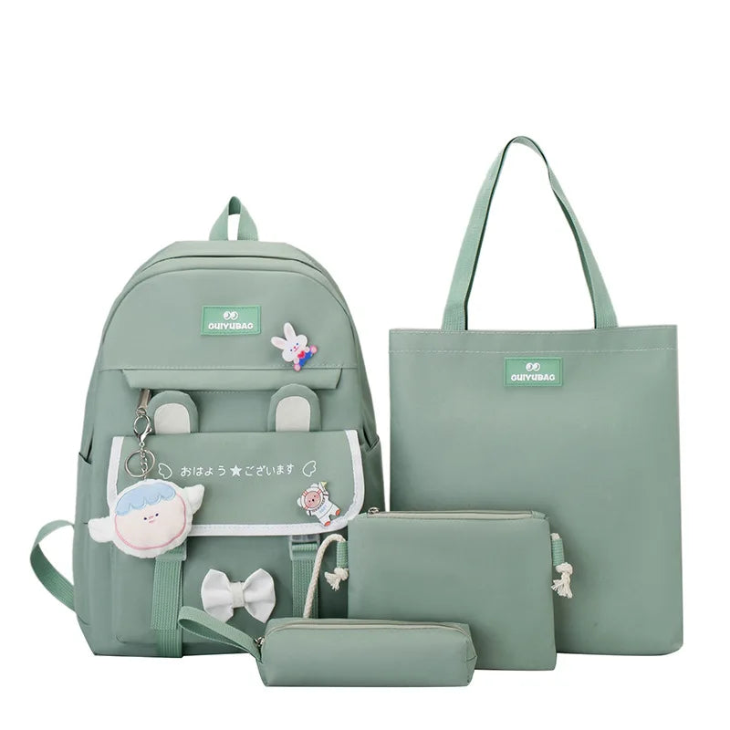 Fengdong 4pcs/set elementary school backpack for girls cute Kids backpack handbag Korean style cartoon rabbit girls school bags