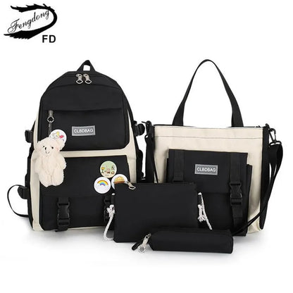 Fengdong 5pcs/set school backpack for girls cute plush bear handbag pencil bag women school bag college student laptop backpack