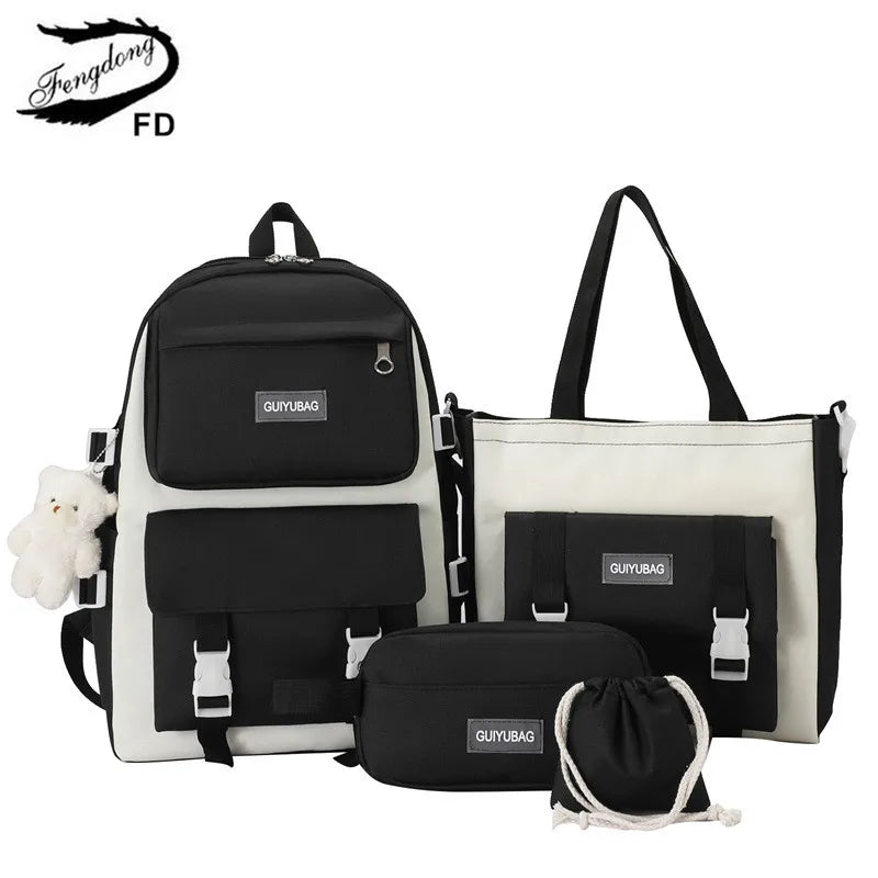 Fengdong 5pcs/set student school bag black white fashion school backpack for teenage girls handbag shoulder bag pencil bag set