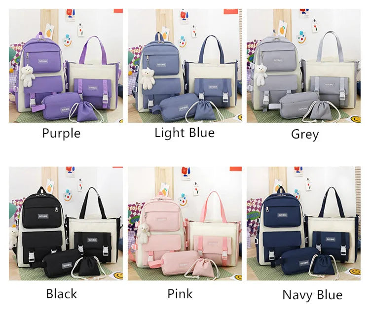 Fengdong 5pcs/set student school bag black white fashion school backpack for teenage girls handbag shoulder bag pencil bag set