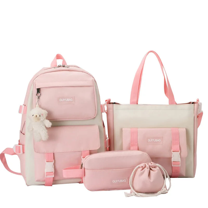 Fengdong 5pcs/set student school bag black white fashion school backpack for teenage girls handbag shoulder bag pencil bag set