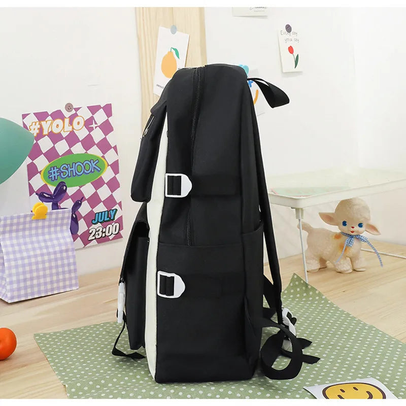 Fengdong 5pcs/set student school bag black white fashion school backpack for teenage girls handbag shoulder bag pencil bag set