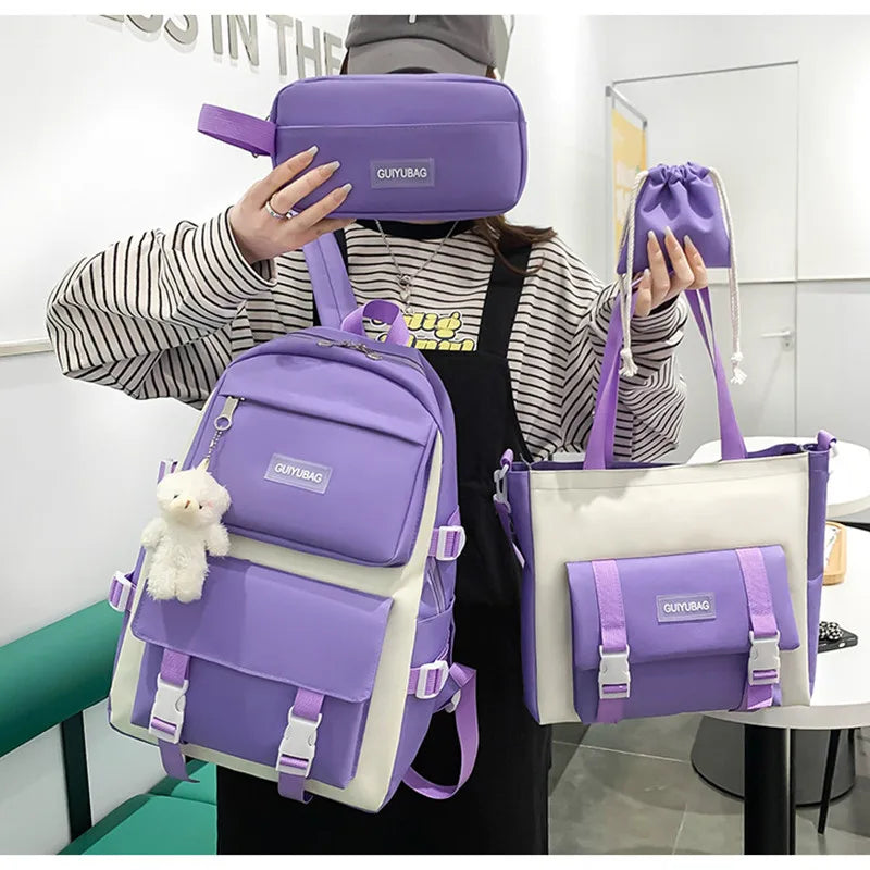 Fengdong 5pcs/set student school bag black white fashion school backpack for teenage girls handbag shoulder bag pencil bag set