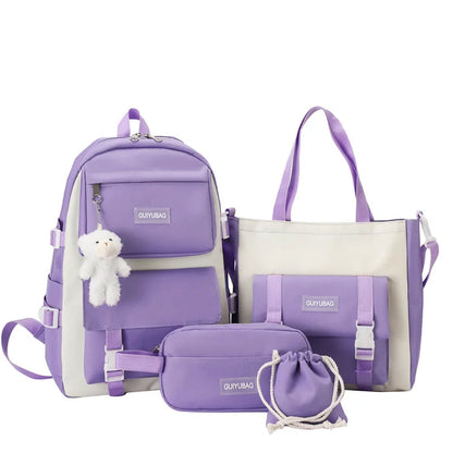 Fengdong 5pcs/set student school bag black white fashion school backpack for teenage girls handbag shoulder bag pencil bag set