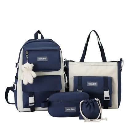 Fengdong 5pcs/set student school bag black white fashion school backpack for teenage girls handbag shoulder bag pencil bag set
