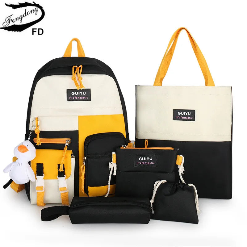 Fengdong 6pcs/set  Kids Kawaii School Backpack Cute School Bags For teenage Girls School Shoulder bag handbag pencil bag set