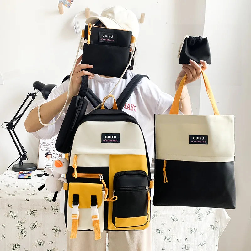 Fengdong 6pcs/set  Kids Kawaii School Backpack Cute School Bags For teenage Girls School Shoulder bag handbag pencil bag set