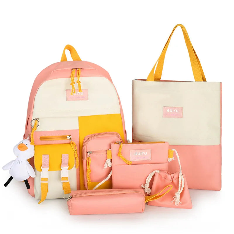 Fengdong 6pcs/set  Kids Kawaii School Backpack Cute School Bags For teenage Girls School Shoulder bag handbag pencil bag set