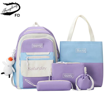 Fengdong 6pcs/set cute school bags for teenage girls handbag shoulder bag pencil bag set children school backpack kids bookbag