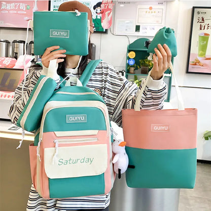 Fengdong 6pcs/set cute school bags for teenage girls handbag shoulder bag pencil bag set children school backpack kids bookbag
