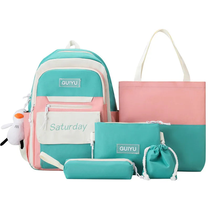 Fengdong 6pcs/set cute school bags for teenage girls handbag shoulder bag pencil bag set children school backpack kids bookbag