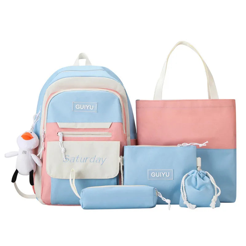 Fengdong 6pcs/set cute school bags for teenage girls handbag shoulder bag pencil bag set children school backpack kids bookbag