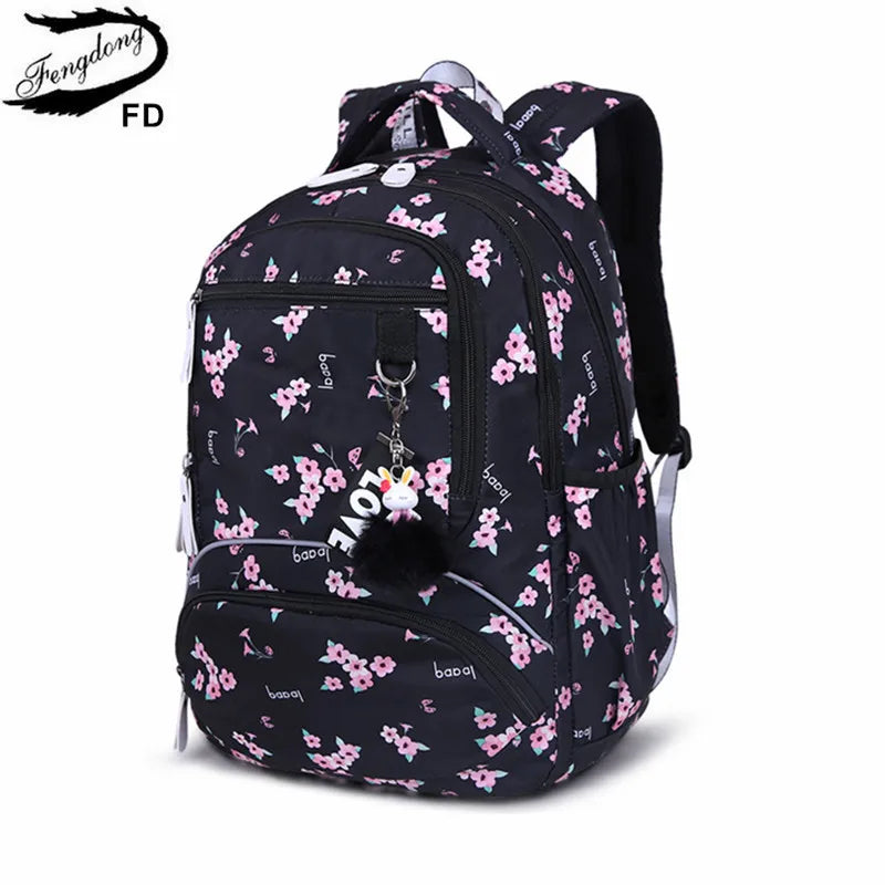 Fengdong Cherry blossoms school backpack for women black pink floral book bag fashion school bags for girls cute flower bookbag