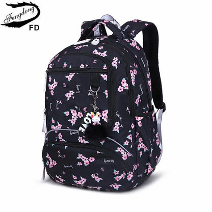 Fengdong Cherry blossoms school backpack for women black pink floral book bag fashion school bags for girls cute flower bookbag