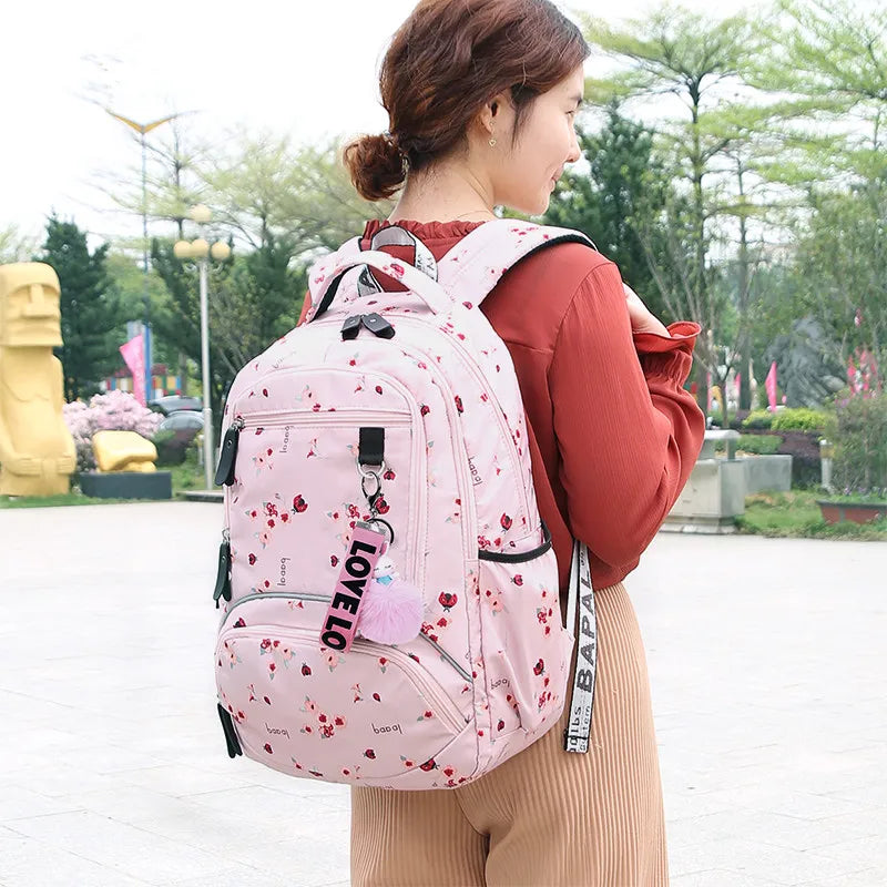Fengdong Cherry blossoms school backpack for women black pink floral book bag fashion school bags for girls cute flower bookbag