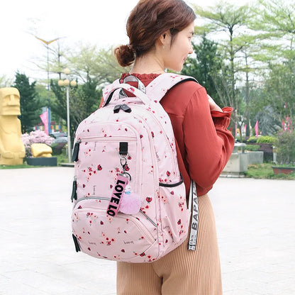 Fengdong Cherry blossoms school backpack for women black pink floral book bag fashion school bags for girls cute flower bookbag