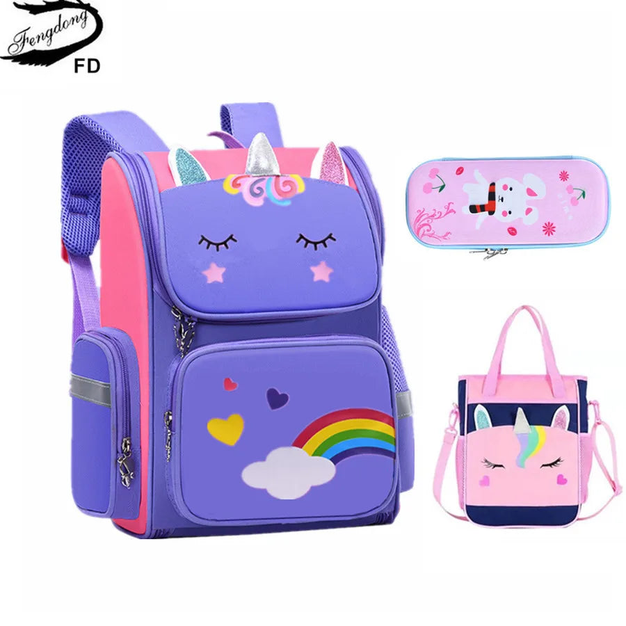 Fengdong Cute Cartoon 3D School Backpack Children School Bags for Girls kawaii pen pencil bag Waterproof Primary student bookbag