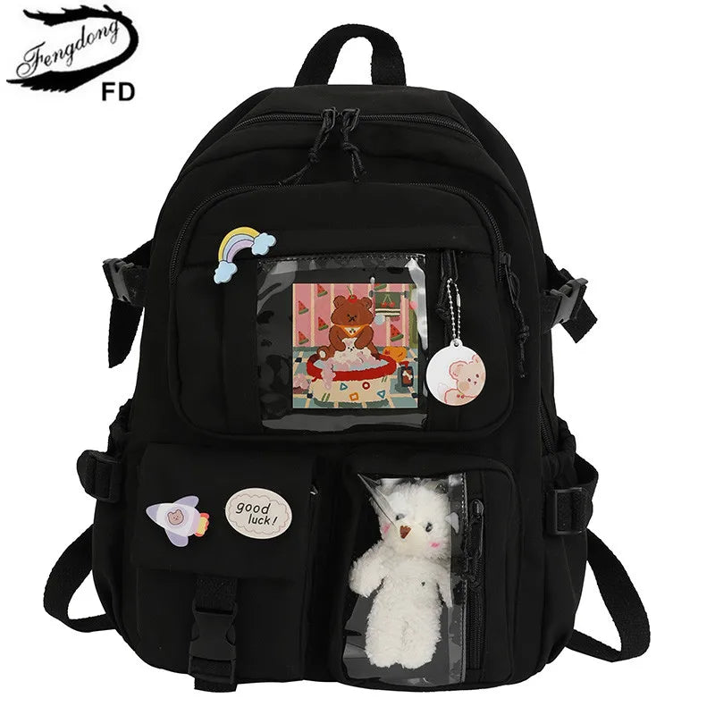 Fengdong Cute girls school bags Waterproof Multi-Pocket Nylon School Backpack for Student Female Girls Kawaii Laptop Book Pack