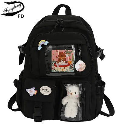 Fengdong Cute girls school bags Waterproof Multi-Pocket Nylon School Backpack for Student Female Girls Kawaii Laptop Book Pack