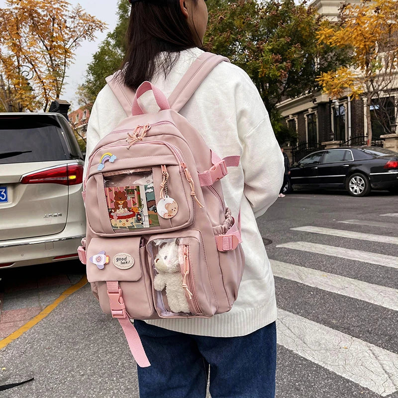 Fengdong Cute girls school bags Waterproof Multi-Pocket Nylon School Backpack for Student Female Girls Kawaii Laptop Book Pack