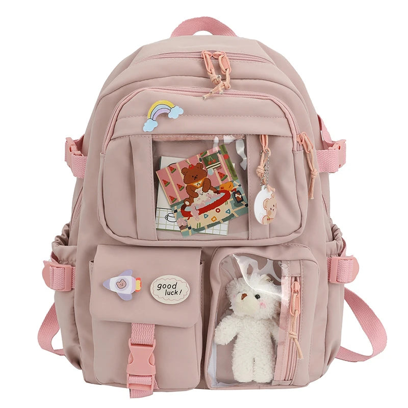 Fengdong Cute girls school bags Waterproof Multi-Pocket Nylon School Backpack for Student Female Girls Kawaii Laptop Book Pack